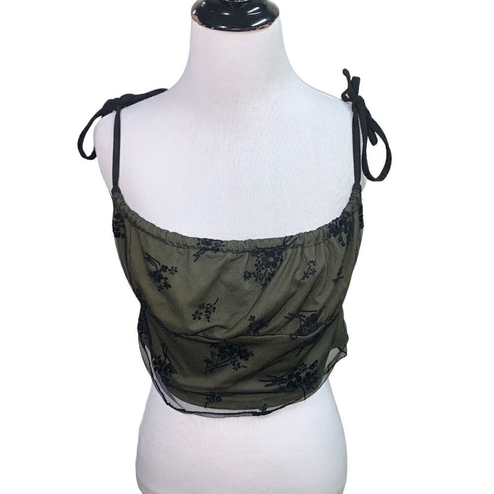 Romwe Women's L Large Sleeveless Crop Top Lace Overlay Floral Y2K Green